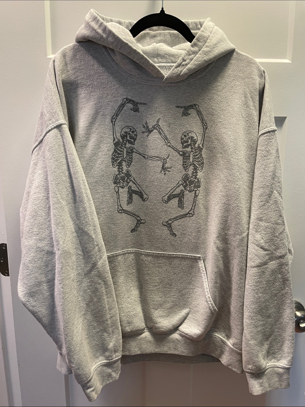 90s Light Gray Skeleton Hoodie Skate Punk Streetwear Size L.